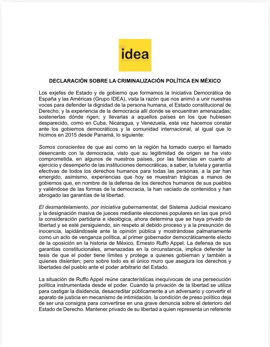 MLopezSanMartin's tweet photo. 25 expresidentes respaldan a Ernesto Ruffo

Integrantes del @IDEA_Grupo calificaron su detención como una presunta persecución política y alertaron por la criminalización de la oposición

También cuestionaron la reforma judicial y el Estado de derecho en México https://t.co/F9EC7jAkTq