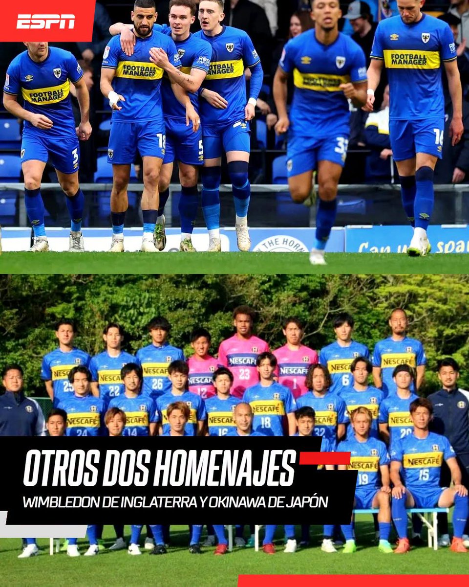 ESPNArgentina's tweet photo. 🤝🔵🟡🏴󠁧󠁢󠁷󠁬󠁳󠁿 ¡EL HOMENAJE PARA BOCA EN GALES! El Llantwit Major FC, de la segunda división del fútbol galés, usa las camisetas del Xeneize desde 2022 con una similitud asombrosa. El club se presenta en sus redes como el hermano menor de Boca y hasta se animó a la frase atrás de la camiseta: "Boca, mi buen amigo".

Usan casacas azules y amarillas, pero también fueron más allá con las suplentes y hasta con los buzos de arquero. Incluso, salió un modelo muy parecido al que utilizó Navarro Montoya en los 90'.

Hubo otros dos homenajes como el de Wimbledon en el fútbol inglés y el Okinawa, el club japonés que fundó Naohiro Takahara (jugó en Boca en la 2001-02).

¿Cuál te gustá más?

📷 Llantwit Major FC