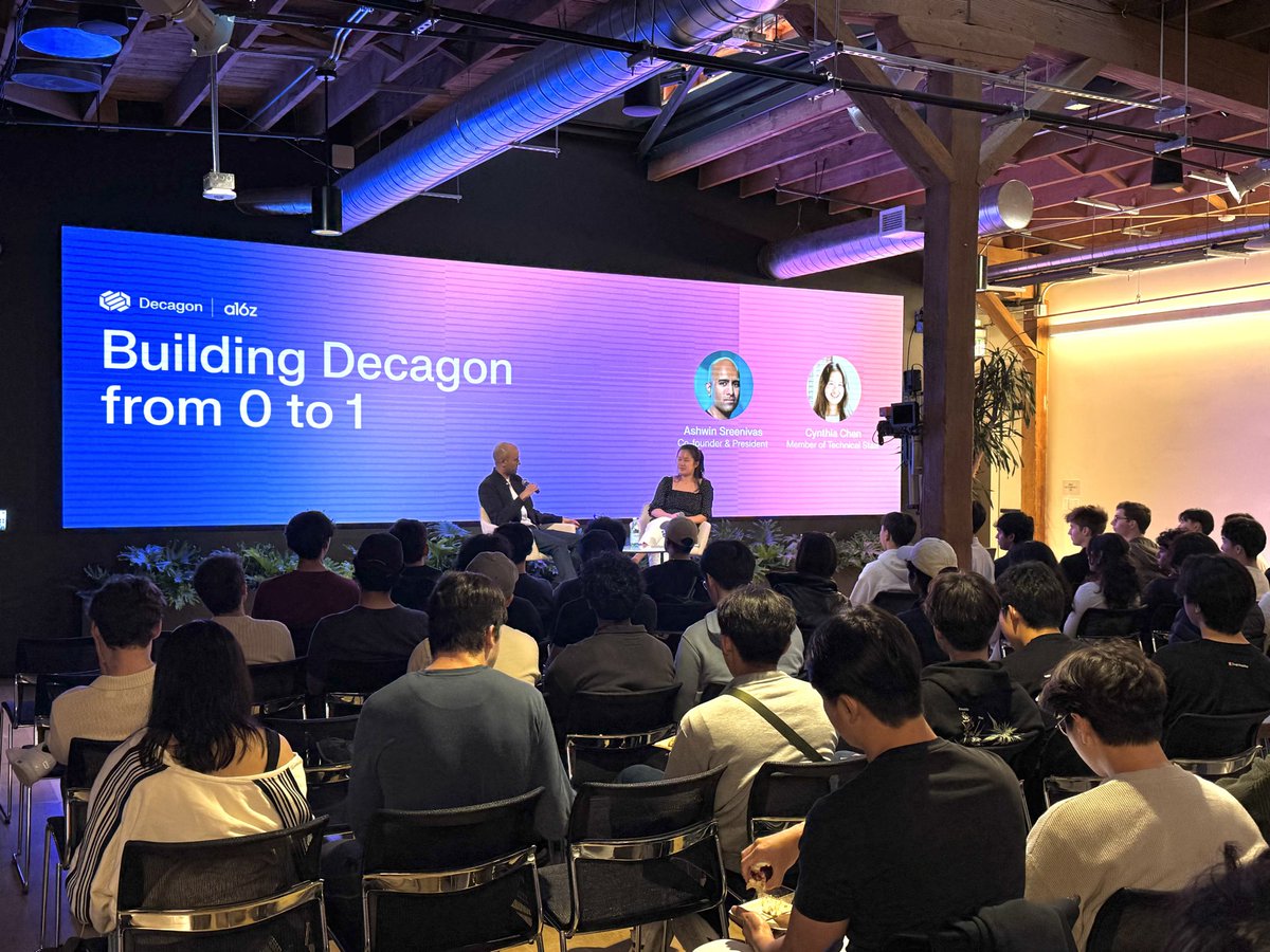 kimberlywtan's tweet photo. It was great hosting a fireside chat with @AshwinSreenivas and @chenxcynthia on lessons learned scaling @DecagonAI — what they got right, wrong, and what they’re still figuring out. It’s been almost exactly 3 years since we partnered at the seed, and it was great to hear Ashwin and Cynthia reflect on learnings from the last few years + what’s to come