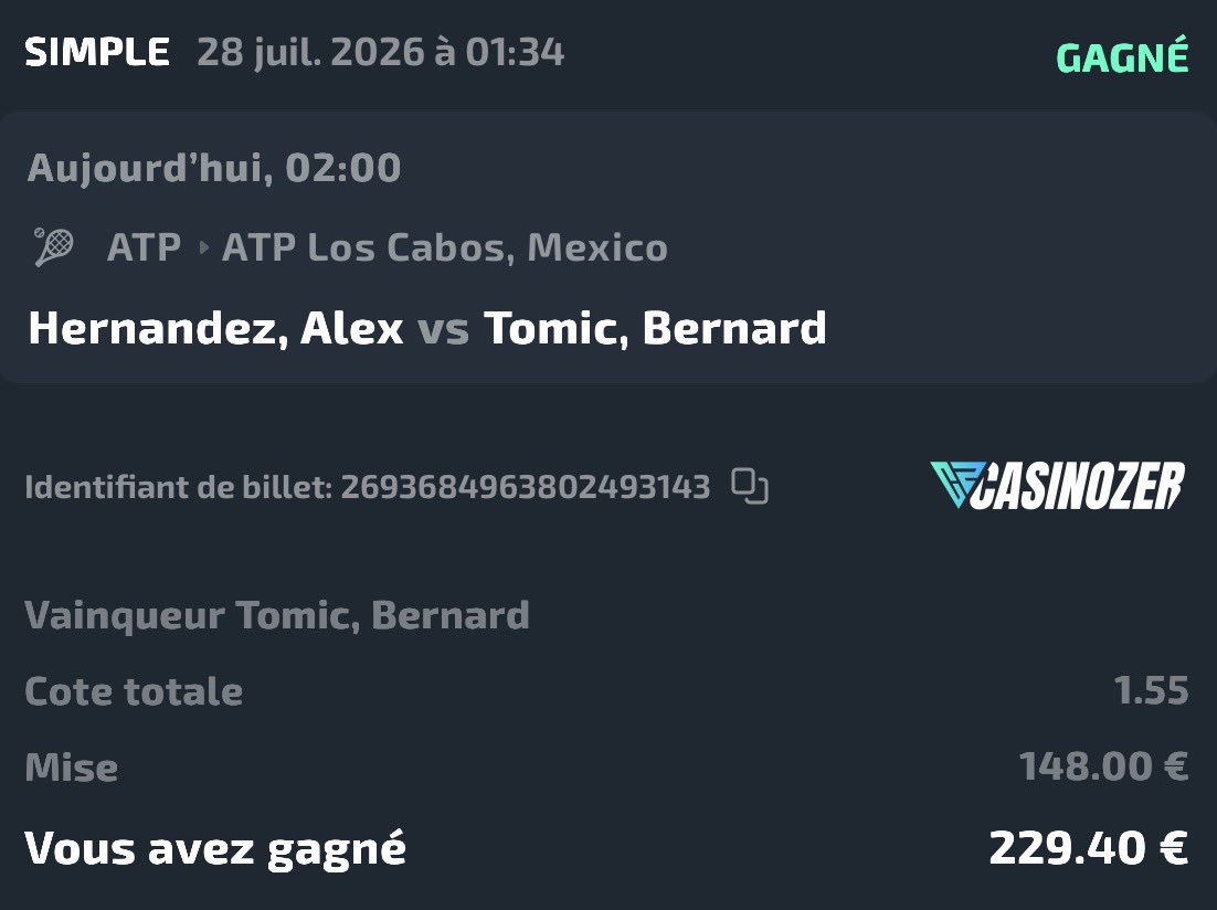 kiky4t's tweet photo. 🏆 Palier 2 ✅

🎯 Tomic @1.55

148€ ➜ 229.40€ ✅ https://t.co/m4nNitPy0T