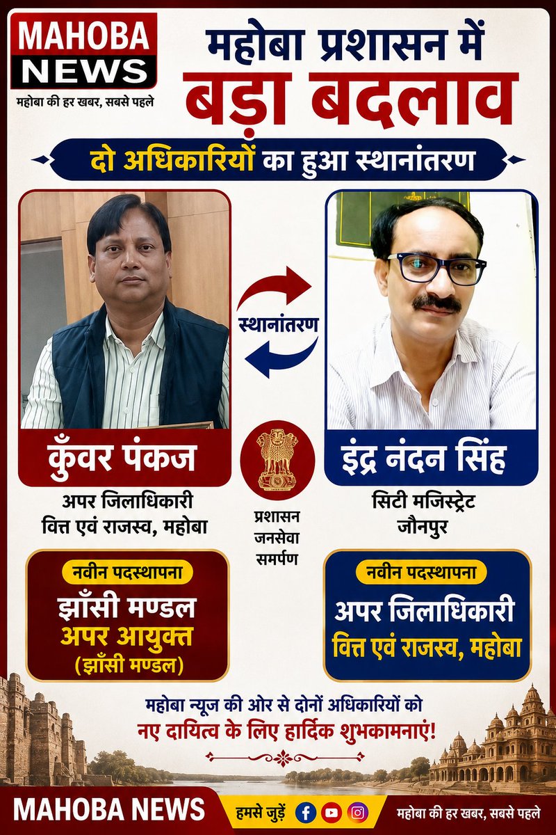 NewsMahoba's tweet photo. महोबा में प्रशासनिक फेरबदल ।
#mahoba #jhansi https://t.co/iGFcuoUXLa