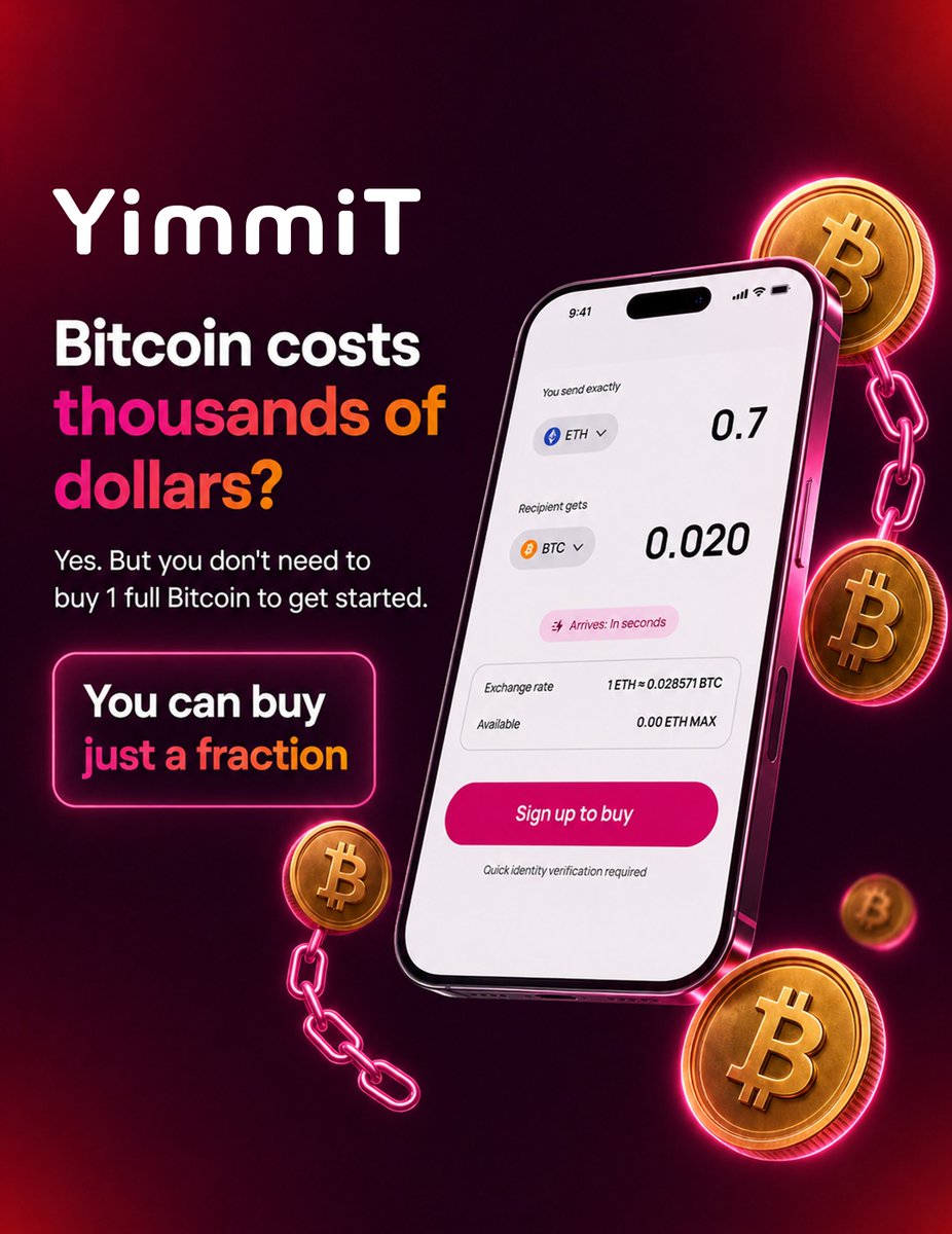 yimmitcom's tweet photo. Does Bitcoin seem complicated?

It does not have to be. 🪙

Bitcoin is a digital currency
that can be sent online
and divided into smaller fractions.

That means you do not need
a full Bitcoin
to learn how it works.

With YimmiT, you can explore
crypto buying, trading
and storage concepts
in one platform. 📲

Start by learning.
Move at your own pace.
Discover Bitcoin with YimmiT. ✨

Informational content only.
Not financial advice.