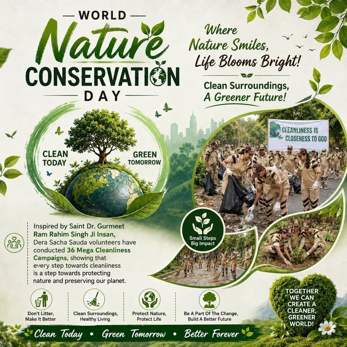 simran_kaur010's tweet photo. As our earth’s health is declining, one should come forward to protect it. This #WorldNatureConservationDay2026, everyone should pledge to conserve nature as taught by Saint Gurmeet Ram Rahim Ji by planting more trees and doing other things.
#WorldNatureConservationDay https://t.co/NHMDr8WIYF