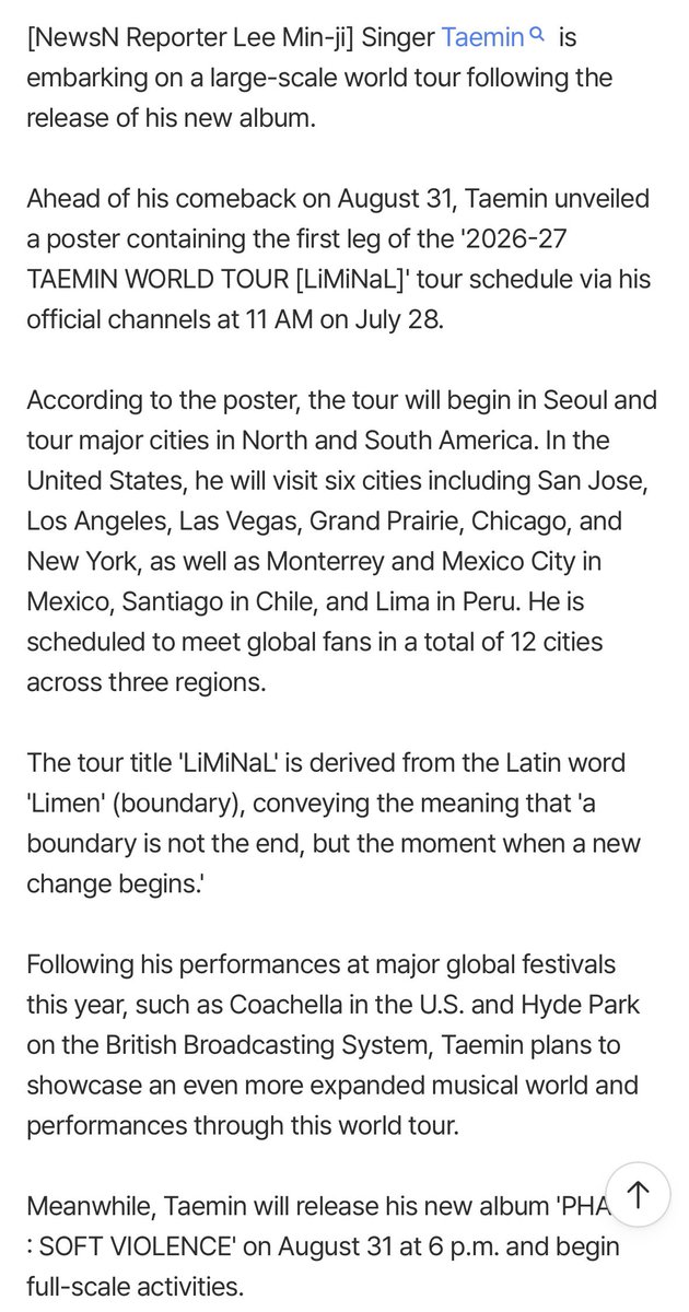 Loya_Taemint's tweet photo. 260728 “Taemin reveals first leg of world tour, set to visit 12 cities across North and South America” 

“According to the poster, the tour will begin in Seoul and continue through major cities in North and South America. In the United States, he will perform in six cities: San Jose, Los Angeles, Las Vegas, Grand Prairie, Chicago, and New York. The tour will also include stops in Monterrey and Mexico City in Mexico, Santiago in Chile, and Lima in Peru. In total, he is scheduled to meet global fans across 12 cities in 3 regions”