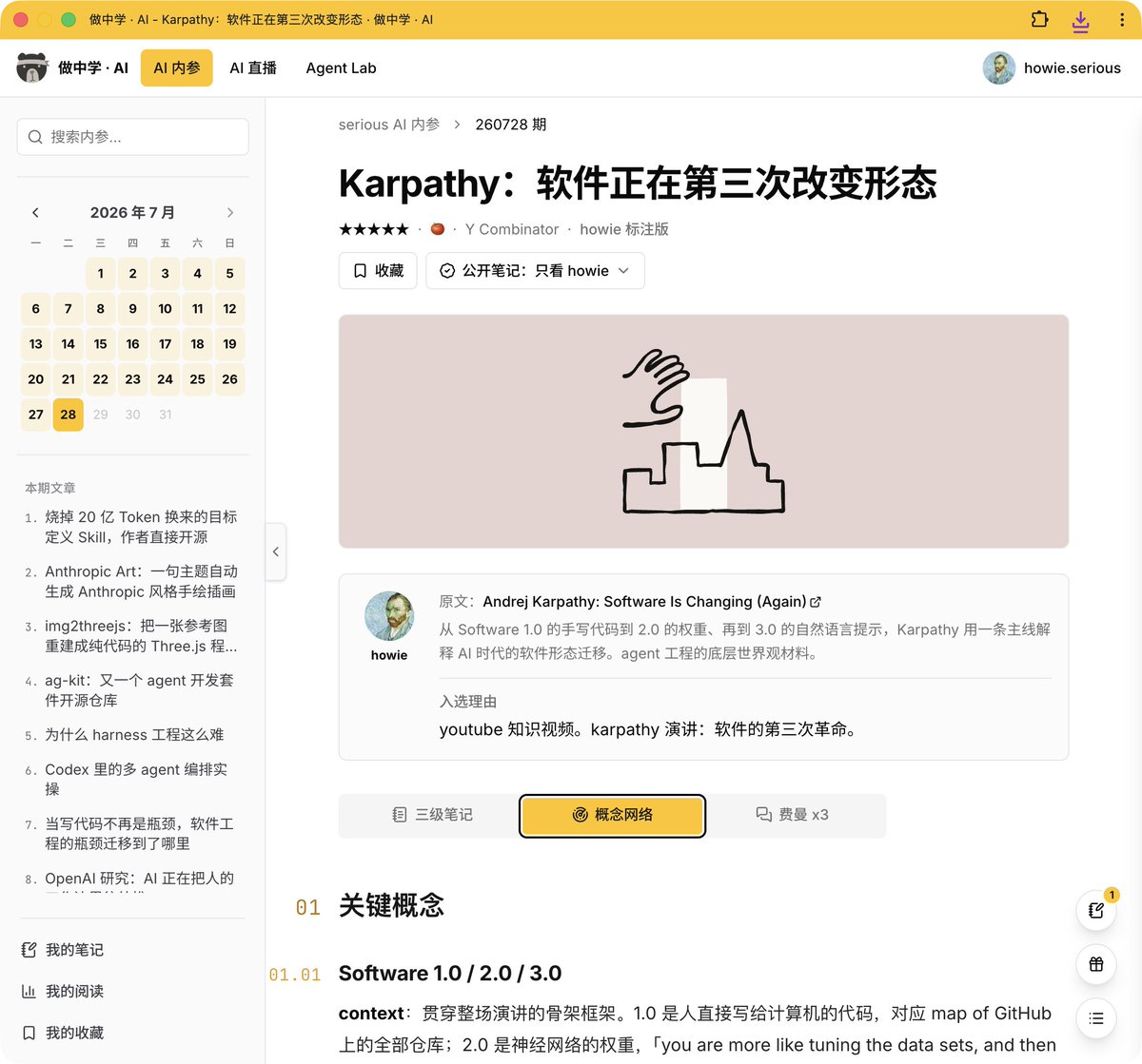 howie_serious's tweet photo. “概念图谱”：让再难的材料，也容易理解

正在测试《AI 内参》最新引入的概念图谱（concept map）功能。

karpathy 的这篇演讲，英文的，40 分钟，大部分人不会真的去听完。即使听完，从信息消费到真的理解 ，到带来启发，到转化为行动，更是层层减弱。

材料再好，最后吸收领会的效果也不咋样。

但是，经过顶级 agentic reading 工作流和顶级 opus 5 智能的加工，采用三级笔记+概念图谱+费曼 x3 的认知增强，理论上，同样的内容，同样的读者/学习者，认知效率和效果可以有数倍的提升。  

甚至从不可能变成可能：不可能阅读=> 可能读完；不可能理解 => 可能理解；不可能启发 => 可能启发和行动。

我选这篇作为案例，大家可以实际体验一下，评论区留言给我反馈。