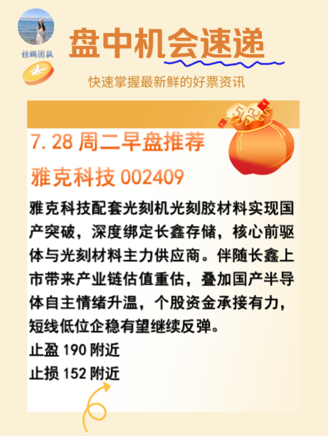 ltj1490225's tweet photo. 7.28周二早盘关注雅克科技002409

雅克科技配套光刻机光刻胶材料实现国产突破，深度绑定长鑫存储，核心前驱体与光刻材料主力供应商。伴随长鑫上市带来产业链估值重估，叠加国产半导体自主情绪升温，个股资金承接有力，短线低位企稳有望继续反弹雅克科技现价进场

止盈190附近
止损152附近 https://t.co/ULDM02M9Pc