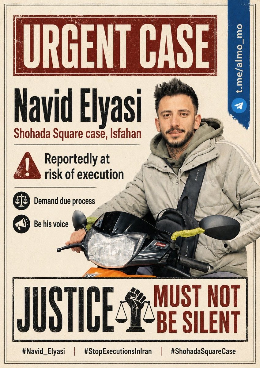 Sahar_3535's tweet photo. @NEWSMAX @hrw
Silence can cost a life. Navid Elyasi is at risk, and the world cannot afford to look away. Demand transparency, stop secret executions, and act before another life is lost.
#Navid_Elyasi #ShohadaSquareCase #StopExecutionsInIran https://t.co/mB14XTJaHF