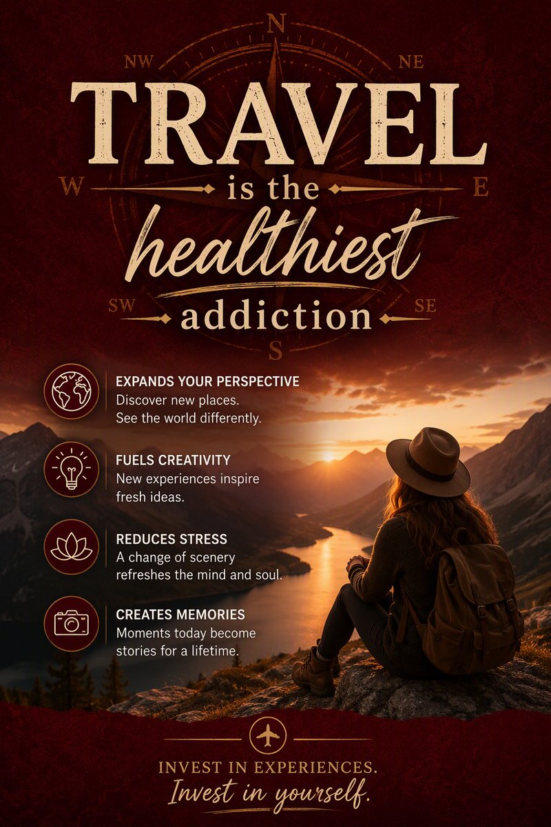 PhilipOCochrane's tweet photo. 🌍 Travel is the healthiest addiction. 
It expands your perspective, fuels creativity, reduces stress, and creates memories that last a lifetime. Every new destination is an investment in yourself and a reminder that the world is bigger than your daily routine. https://t.co/3Z5Os41YHD