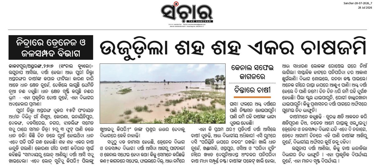 psbehera's tweet photo. ଧାନ କ୍ଷେତ ନୁହେଁ, ଏହା ବିଭାଗର ��ବହେଳାର ପୁଷ୍କରିଣୀ !

ଲଘୁଚାପ ନୁହେଁ, ଡ୍ରେନେଜ-ଜଳସମ୍ପଦ ବିଭାଗର ନିଦ୍ରାରେ ଉଜୁଡିଲା ପୁରୀ ଅସ୍ତରଙ୍ଗର ଶହ ଶହ ଏକର ଧାନ।

@CMO_Odisha @OdishaWater ତୁରନ୍ତ କ୍ଷତି ଆକଳନ ଓ କ୍ଷତିପୂରଣ ଦାବି।

#Puri #Astaranga #OdishaNews #FarmersDistress @NonPoliticalOd https://t.co/Y2YaofLgIY