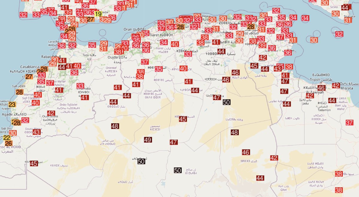 ThierryGooseBC's tweet photo. 🔥 Another extremely hot day in North Africa with many stations close to their all-time records.

ALGERIA 🇩🇿
🌡️50.0°C In Salah
🌡️49.8°C Adrar &amp; Hassi Messaoud
🌡️48.7°C Timimoun
🌡️48.5°C Rhourde Nouss
🌡️48.3°C Beni Abbes

TUNISIA 🇹🇳
🌡️Tmin 36.9°C Remada = all-time record https://t.co/FfjdSorQlN