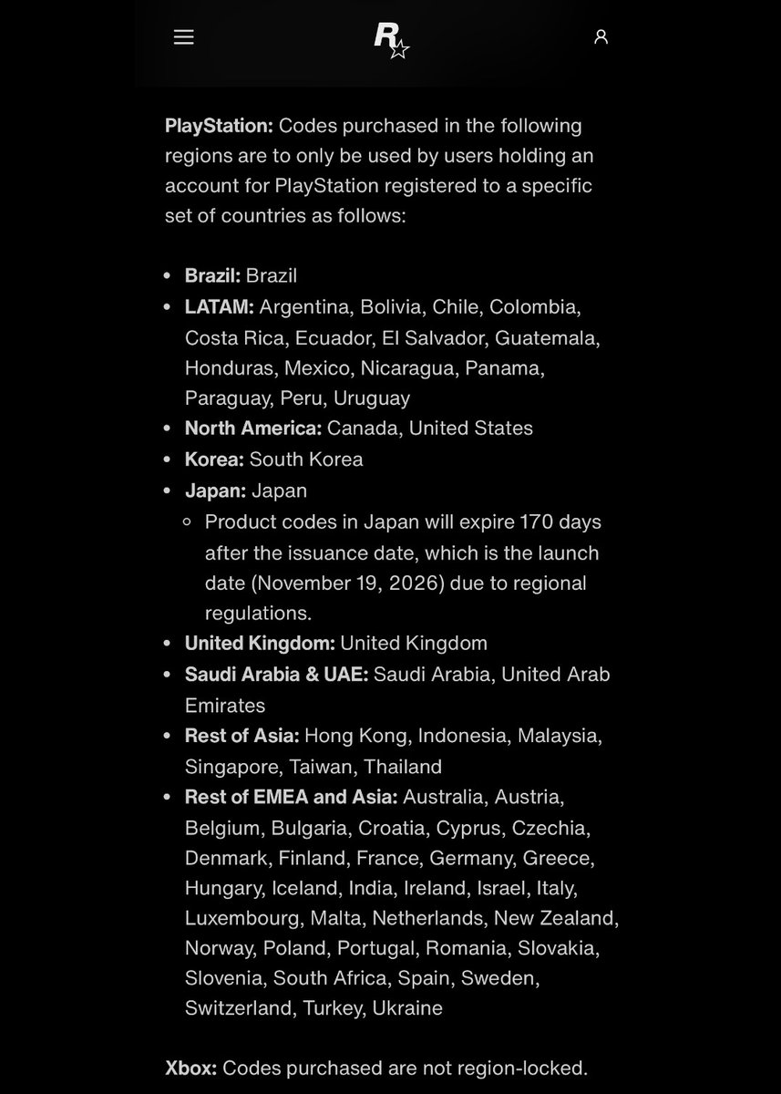 GTAVI_Countdown's tweet photo. Beware if you’re buying the physical version of GTA 6 (code in box) on PS5:

- It’s region-locked: The code’s region must match your PlayStation account region to work
- The code in the Japanese version only lasts 170 days from launch before it expires due to regional regulations

These restrictions don’t apply to Xbox.