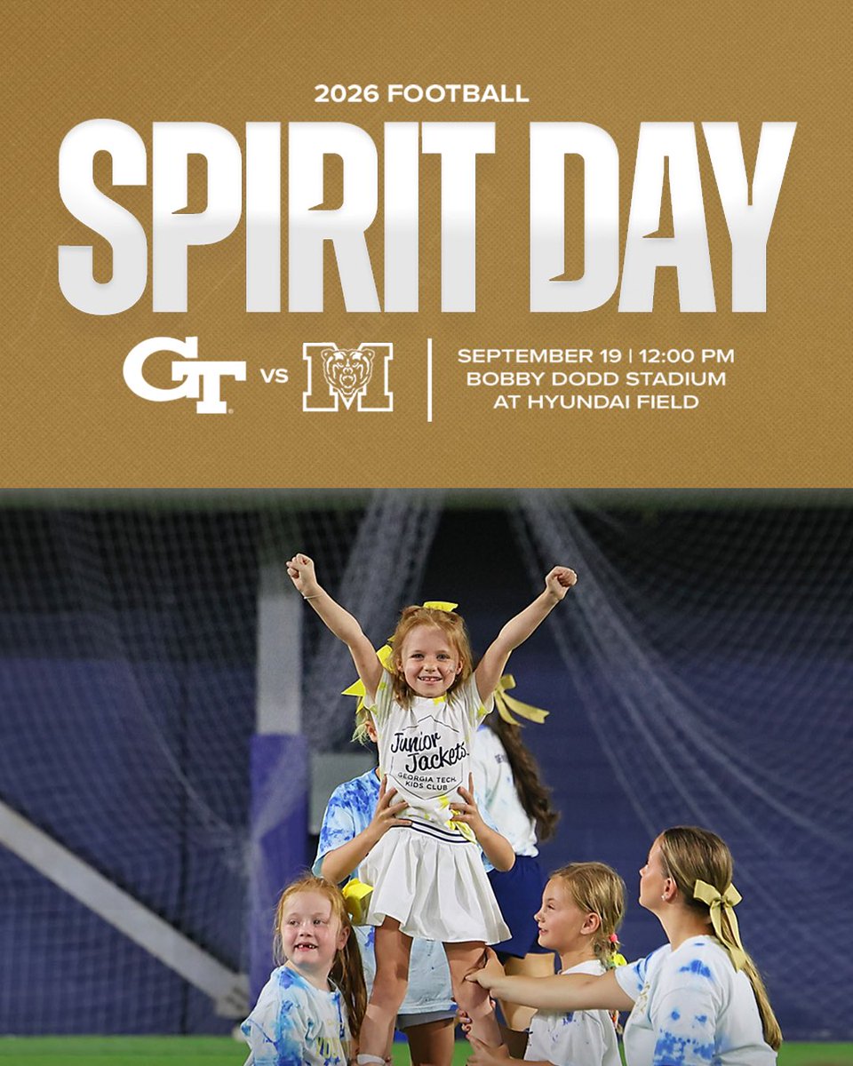 GeorgiaTechFB's tweet photo. Join Georgia Tech Cheer for Spirit Day on Sept. 19. 
Cheer clinic + On-field performance ✔️
Registration is open now!

🗞️ https://t.co/b6ypni34ww
🎟️ https://t.co/Ar2u3CxajT

#StingEm 🐝 https://t.co/UaaeosHpyT