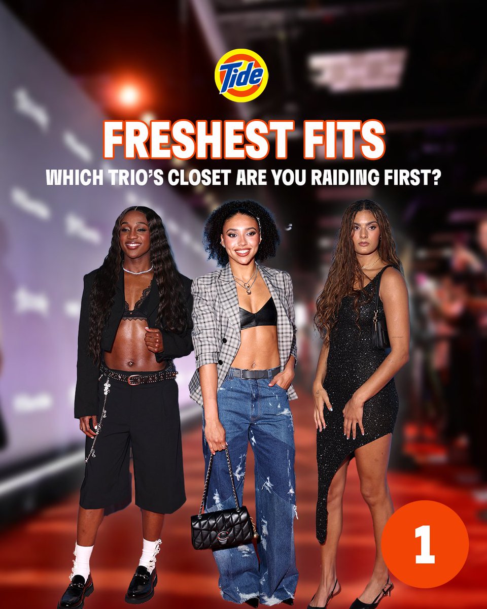 WNBA's tweet photo. WNBA All-Star fits don't miss. 🔥

Which trio's closet are you raiding? 

Drop your vote below ⬇️ #tidefresh @tide https://t.co/15chQ4OLd4