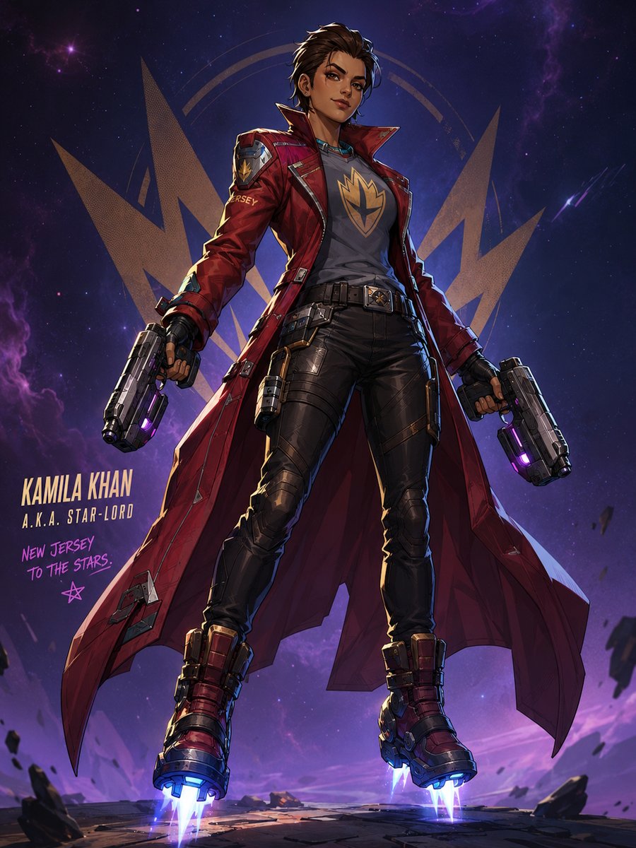 DevintheCool's tweet photo. Jersey-Born, Galaxy-Bound Kamala Khan Star-Lord.
Marvel Rivals Fan Concept. @MarvelRivals @msmarvel
@MarvelStudios @MarvelComicsHQ 
#fanconcept https://t.co/TnnV39LwBg 
#KamilaKhan #StarLord #MarvelRivals #MarvelFanArt #CharacterDesign #DigitalArt #AlternateUniverse https://t.co/quLRFx4XK4