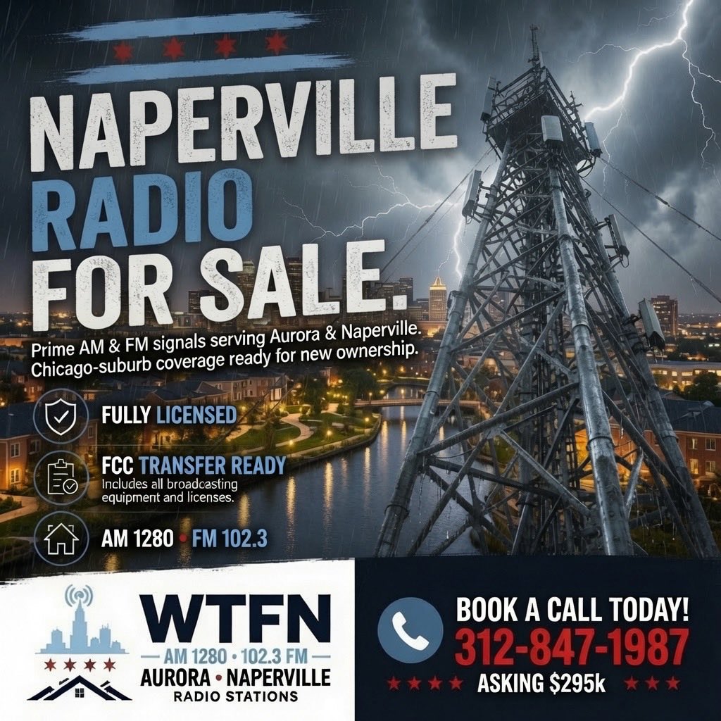 MatthewDubiel's tweet photo. Naperville Radio Stations For Sale
WTFN AM 1280 + 102.3 FM
Serving Aurora &amp; Naperville
Fully licensed • FCC transfer ready • All equipment included
Asking $295k
Call or text 312-847-1987 https://t.co/dJn7arZ21F