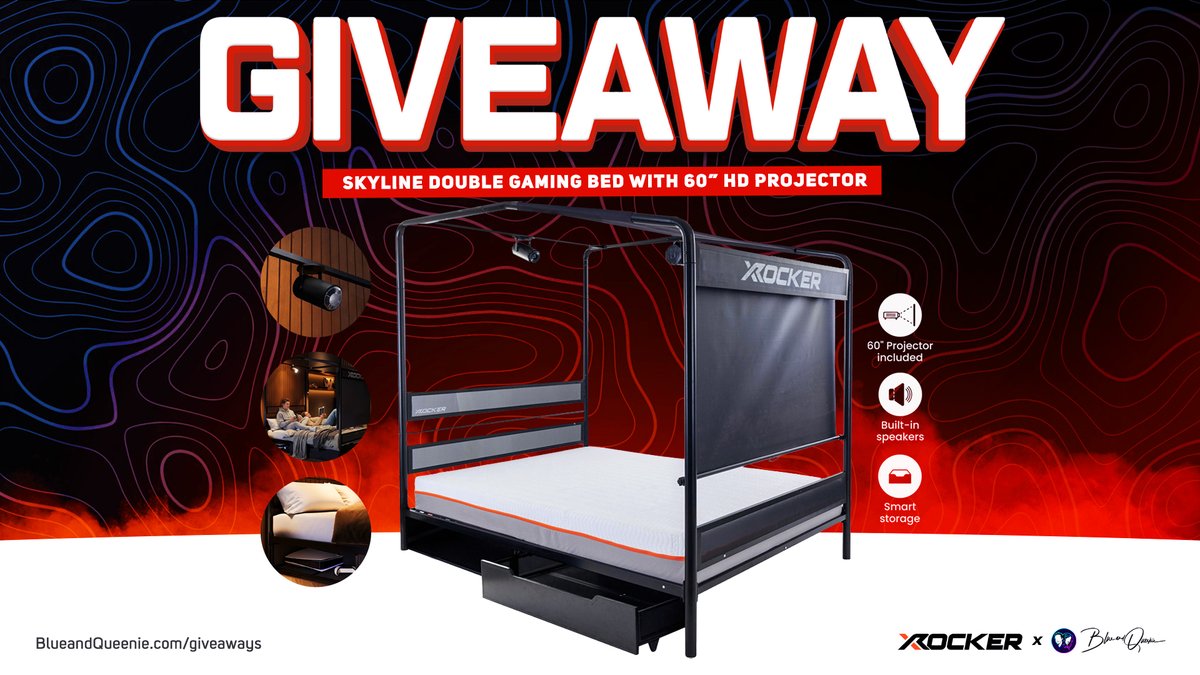 QueenieandBlue's tweet photo. 🚨 PROJECTOR GAMING BED #GIVEAWAY 🚨

Enter for a chance to win X Rocker's Skyline Double Gaming Bed with 60" HD Projector worth £650 and get the comfiest gaming gift!

🔸Follow @QueenieandBlue
🔸Follow @XRockerGaming
🔹Repost
🔹Tag a friend
📣 Enter https://t.co/wusBYRGid0 #ad https://t.co/d7Jh5eFyP5