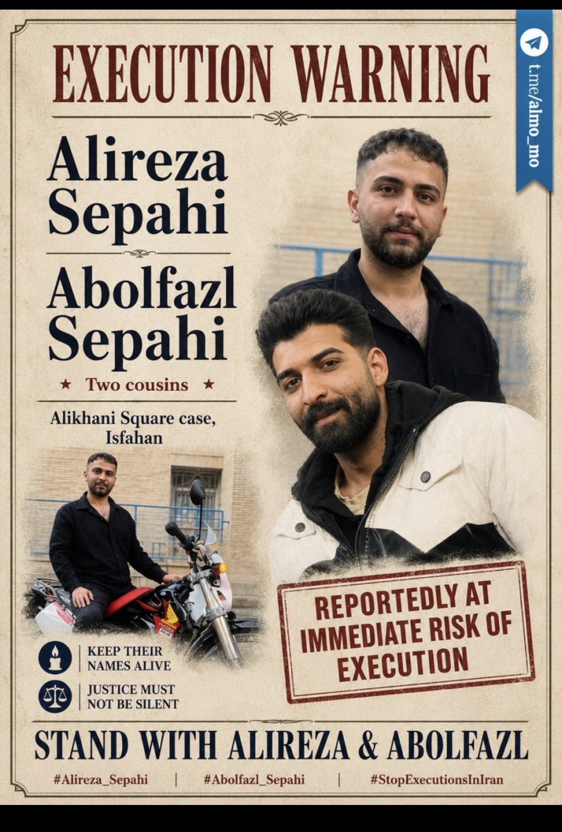 Shivagdnp's tweet photo. PUBLIC ATTENTION MAY BE THEIR LAST SHIELD: #Alireza_Sepahi and #Abolfazl_Sepahi are two cousins whose lives reportedly hang in the balance tonight. Silence gives secrecy more power. @LauraLoomer @FoxNews Intervene before two lives are lost. #StopExecutionsInIran https://t.co/o4jgxIyuPH