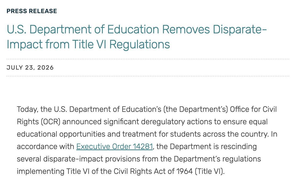 JohnDSailer's tweet photo. Last week, the Department of Education announced that its rescinding various disparate impact regulations. This is a huge, huge deal, a quiet but extremely consequential decision, and one that's long overdue! https://t.co/VBufjjQ6IE
