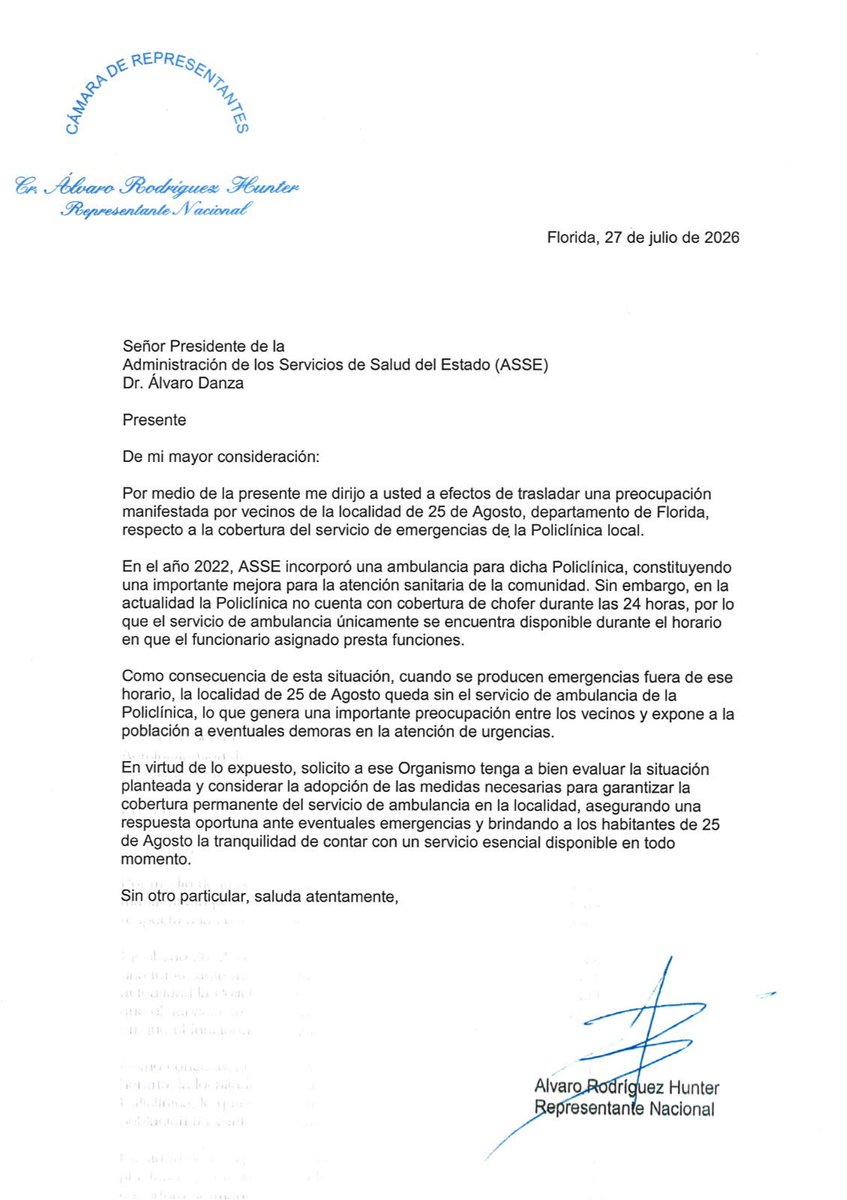 alvaro_chacho's tweet photo. Hoy presentamos tres solicitudes surgidas de reuniones con vecinos:

• Comodato del local de AFE en La Cruz para fines culturales y sociales.
• Cobertura de ambulancia las 24 horas para 25 de Agosto.
• Señalización en la intersección de las rutas 76 y 77.
Seguimos… https://t.co/8KWrbeYPhw