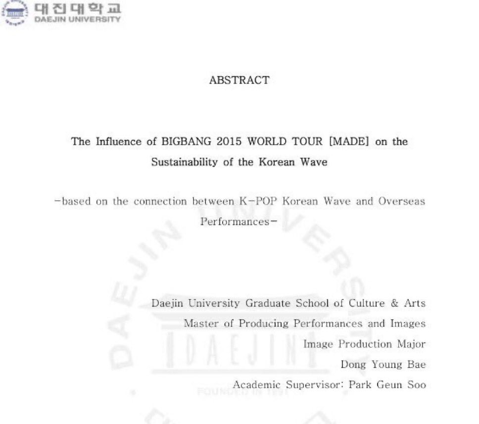 seungt0phyun's tweet photo. here’s your reminder that taeyang wrote a 104 university thesis about the impact that BIGBANG’s world tour had on the korean wave taking over the world

how many artists have this flex ???? https://t.co/K2TKFlxJKY
