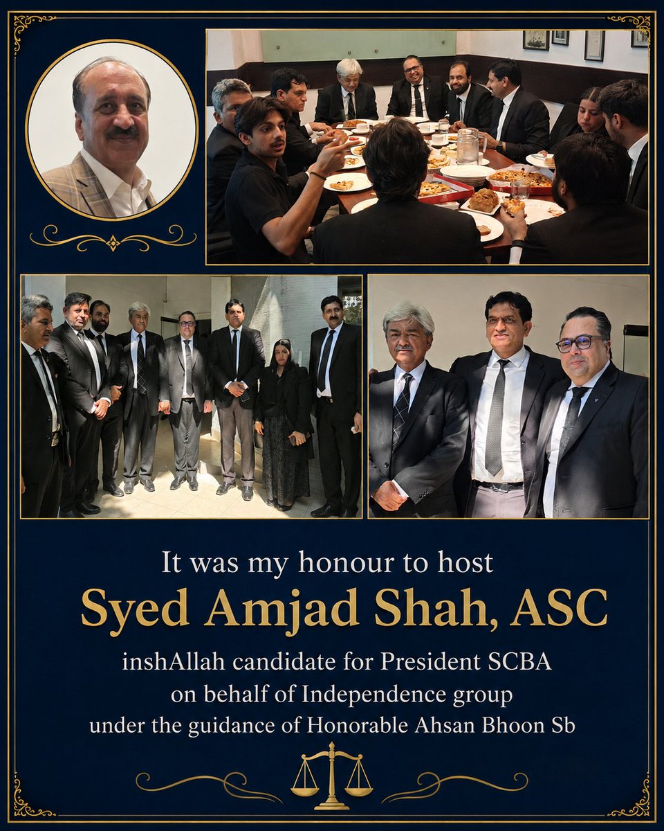 icedRIZVI's tweet photo. It was my honour to host Syed Amjad Shah, ASC, InshaAllah candidate for President, Supreme Court Bar Association of Pakistan, on behalf of the Independence Group, under the guidance of Honourable Ahsan Bhoon Sahib.

A warm and memorable gathering with respected members of the legal fraternity. Wishing Syed Amjad Shah every success in the forthcoming election and in his continued service to the Bar.

#SyedAmjadShah #SCBA #SCBAElections #IndependenceGroup #AhsanBhoon #SupremeCourtBarAssociation #LegalFraternity #PakistanBar #LawyersCommunity