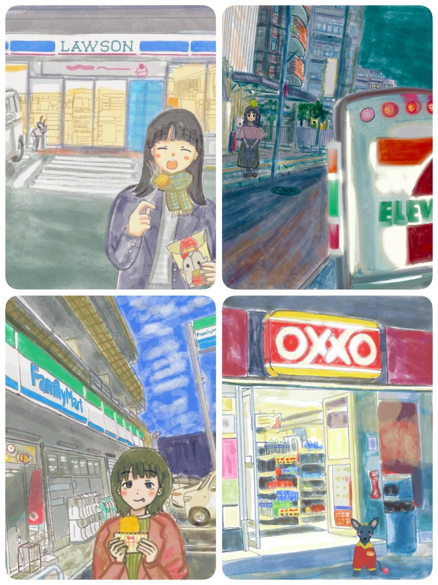 harukaze_illust's tweet photo. 日本のコンビニ🇯🇵とメキシコ🇲🇽のコンビニイラスト🤭

私コンビニを描くのが好きなんです https://t.co/7mdComGYmk