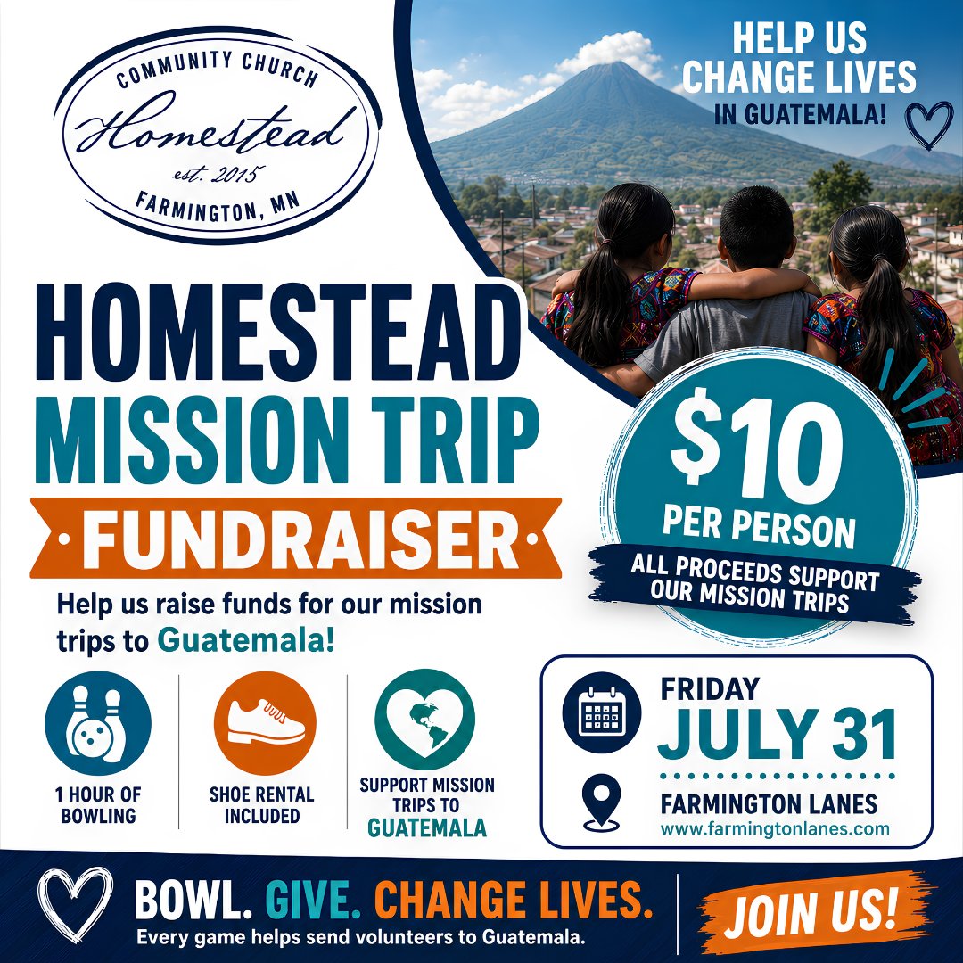 FarmingtonLanes's tweet photo. We’re raising funds to support Homestead Community Church’s mission trips to Guatemala — and you can help just by bowling. Let’s show what our community can do when we come together.

🗓️ Friday, July 31, 2026
⏰ Starting at 11 AM — pick your hour
💵 Only $10 per person https://t.co/kWR8s36rGw