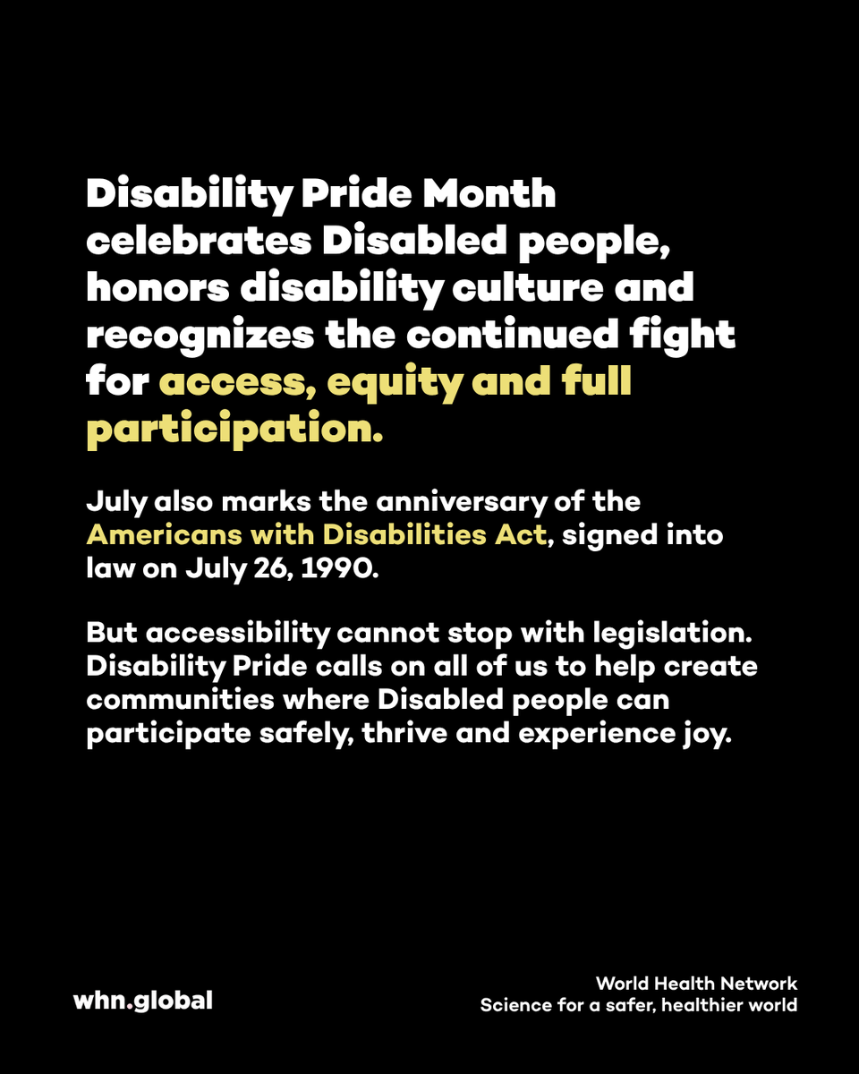 TheWHN's tweet photo. Disability Pride Month is a time to celebrate Disabled people, honor the disability rights movement, and recommit to building communities where everyone can participate safely and fully.

We’ve created a comprehensive guide exploring the history of Disability Pride Month, the connection between disability and public health, and why masking, cleaner indoor air, testing, and flexible participation options are essential parts of accessibility.

The guide also includes practical steps individuals, organizations, healthcare settings, and event organizers can take to create safer, more inclusive spaces all year long.

Read the full guide: https://t.co/8QzMHsw2bd

#PublicHealth #DisabilityPride #COVID19 #COVID #LongCOVID #InfectionPrevention