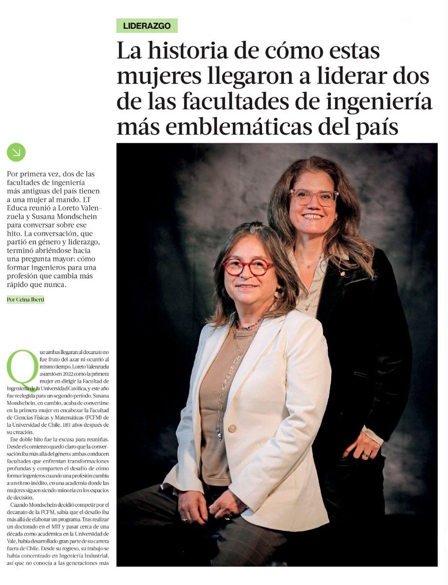 IngenieriaUC's tweet photo. Por primera vez, las facultades de ingeniería más emblemáticas del país están lideradas por mujeres.
La decana Loreto Valenzuela (#IngenieríaUC) reflexionó junto a Susana Mondschein en @latercera sobre equidad de género, investigación y los desafíos de la IA en las aulas.👇 https://t.co/OgwGZSmfPY