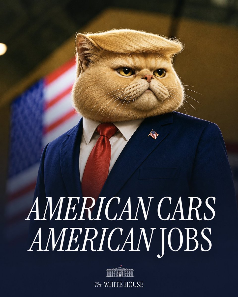 Trump____Cat's tweet photo. Manufacturing cars in America helps create American prosperity.

Since taking office, President Trump has ignited an automotive renaissance, onshoring production, restoring factory jobs, and driving massive investment from automobile companies.

Don't miss his speech at General Motors in Michigan today at 2:50 pm EST. 🇺🇸