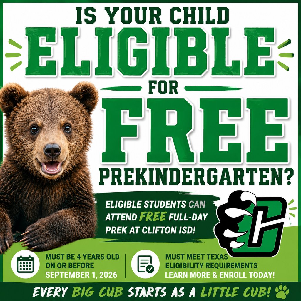 Cubs_ES's tweet photo. 🐻 Every Big Cub Starts as a Little Cub!

Is your child eligible for FREE full-day Pre-K?

Children who are 4 by Sept. 1, 2026, live in the Clifton ISD attendance boundaries, and meet Texas eligibility requirements may qualify.

We can't wait to welcome our newest Cubs!💚 https://t.co/o7Ck2HirDy