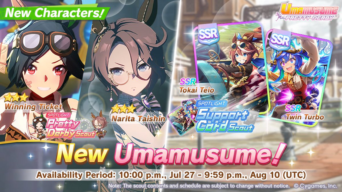 umamusume_eng's tweet photo. The new Pretty Derby Scout and Support Card Scout have arrived!

New Trainees:
3★ Winning Ticket and 3★ Narita Taishin

New Support Cards:
SSR Tokai Teio
SSR Twin Turbo

#Umamusume https://t.co/hzRwtQwHED