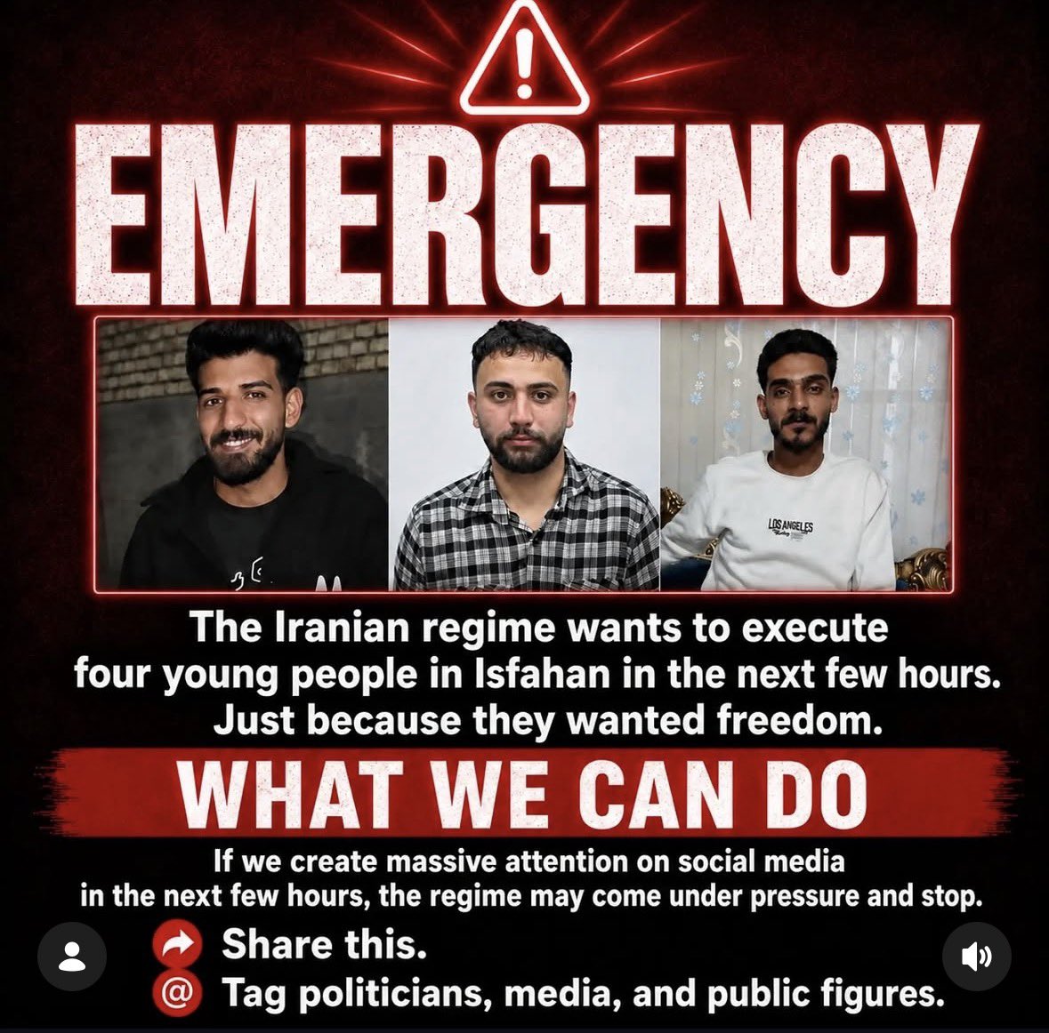 Matinkhaledii's tweet photo. The Islamic Republic wants to execute four young people in isfahan in the next few hours.
Just because they wanted freedom.
@realDonaldTrump 
@elonmusk 
@UNHumanRights 
@WhiteHouse 
@IsraelPersian 
@netanyahu https://t.co/6iM6VKPCr0
