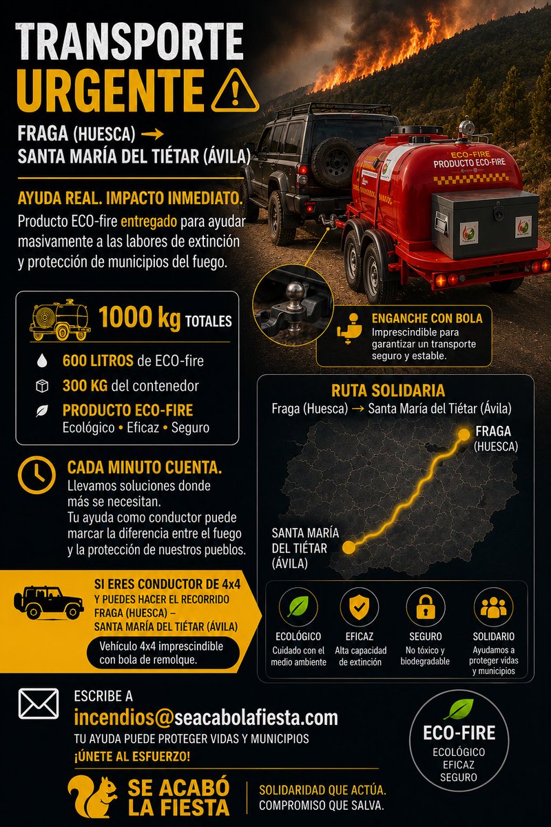 Alviseperez's tweet photo. 🔥 AYUDA INCENDIOS
Se Acabó La Fiesta solicita ayuda para el último conductor que necesita dentro de las donaciones, entregas y repartos que Alvise Pérez y diversos miembros de SALF realizan en las zonas afectadas.

Si tienes un 4x4 con bola y puedes ayudarnos con la entrega de casi 1 tonelada de eco-fire para la lucha contra el fuego, escríbenos a incendios@seacabolafiesta.com