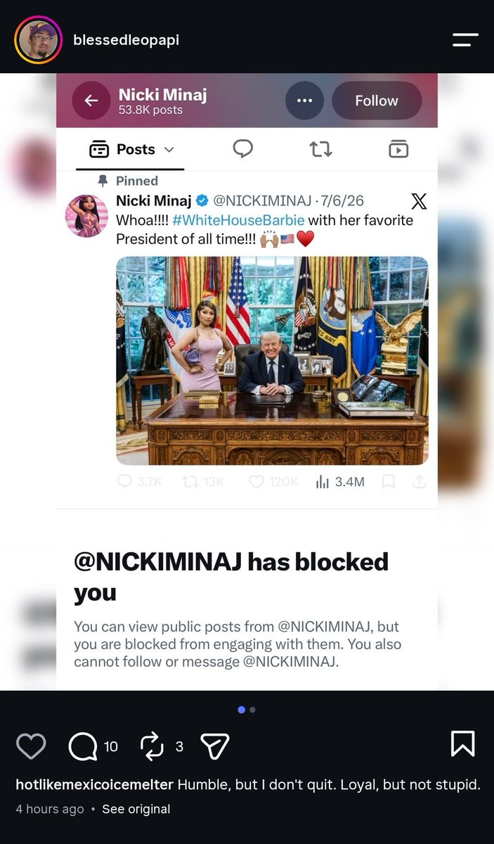 Naynaymontoya23's tweet photo. LOOK AT PEDRO COMPLAINING ON IG BEING BLOCKED BY @NICKIMINAJ 🤣🤣🤣#pickaside #fyp  @onikascrown @YSLONIKA @celebslovenicki https://t.co/Phw2isouQA