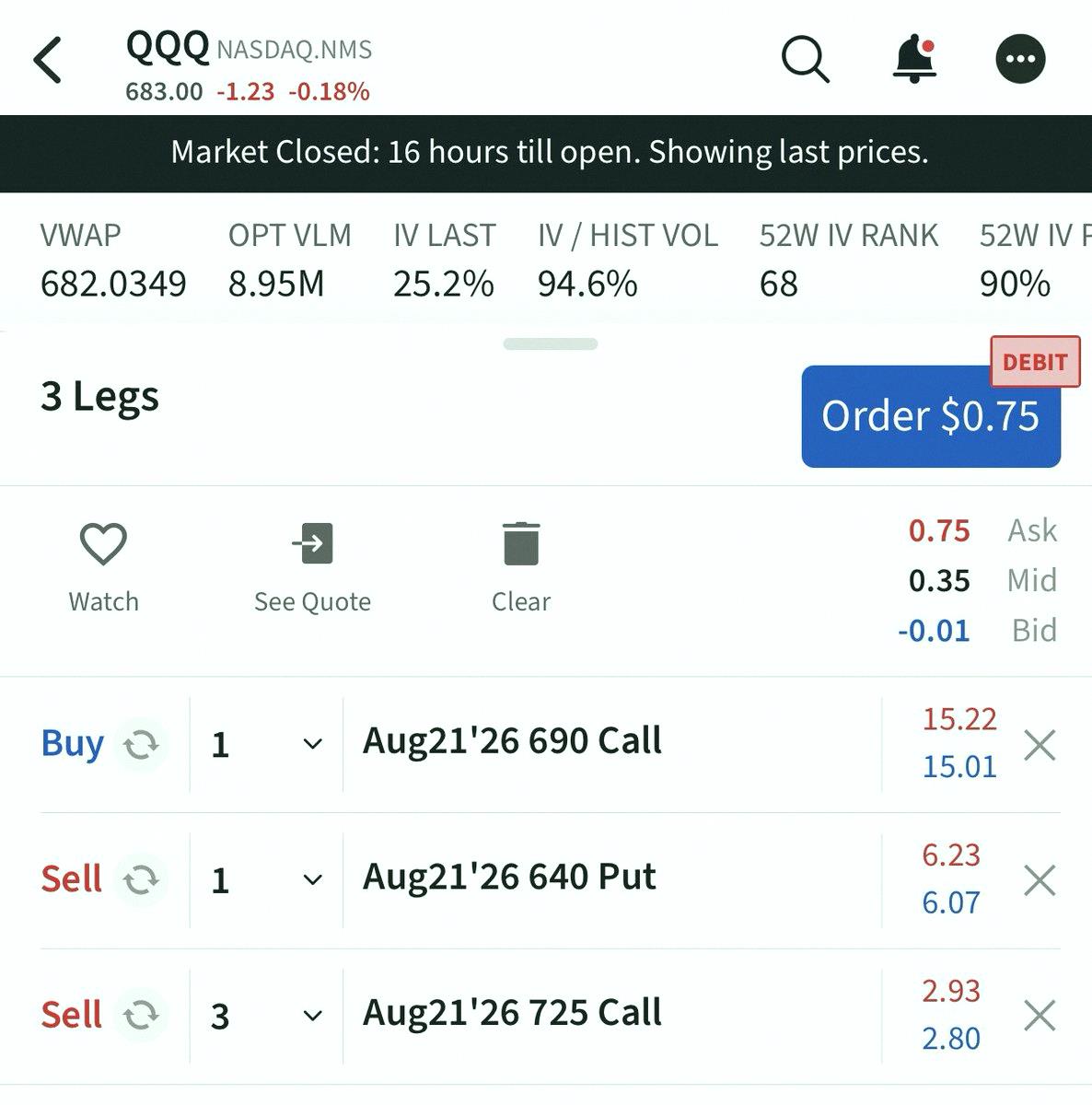 Satoshi198506's tweet photo. QQQはすでに高値から8.2%下落してるんだよね📉 次のトレードは、今後20営業日で6.6%回復したら最大利益、さらに6%下がると損失が出るって感じ。

俺の意見？ポートフォリオ全部閉じて、このトレードに全ツッパして、海に行くのが正解🏖️

相場が戻れば儲かるし、高値から14%くらい下がったらQQQ https://t.co/jmTzXInXJw