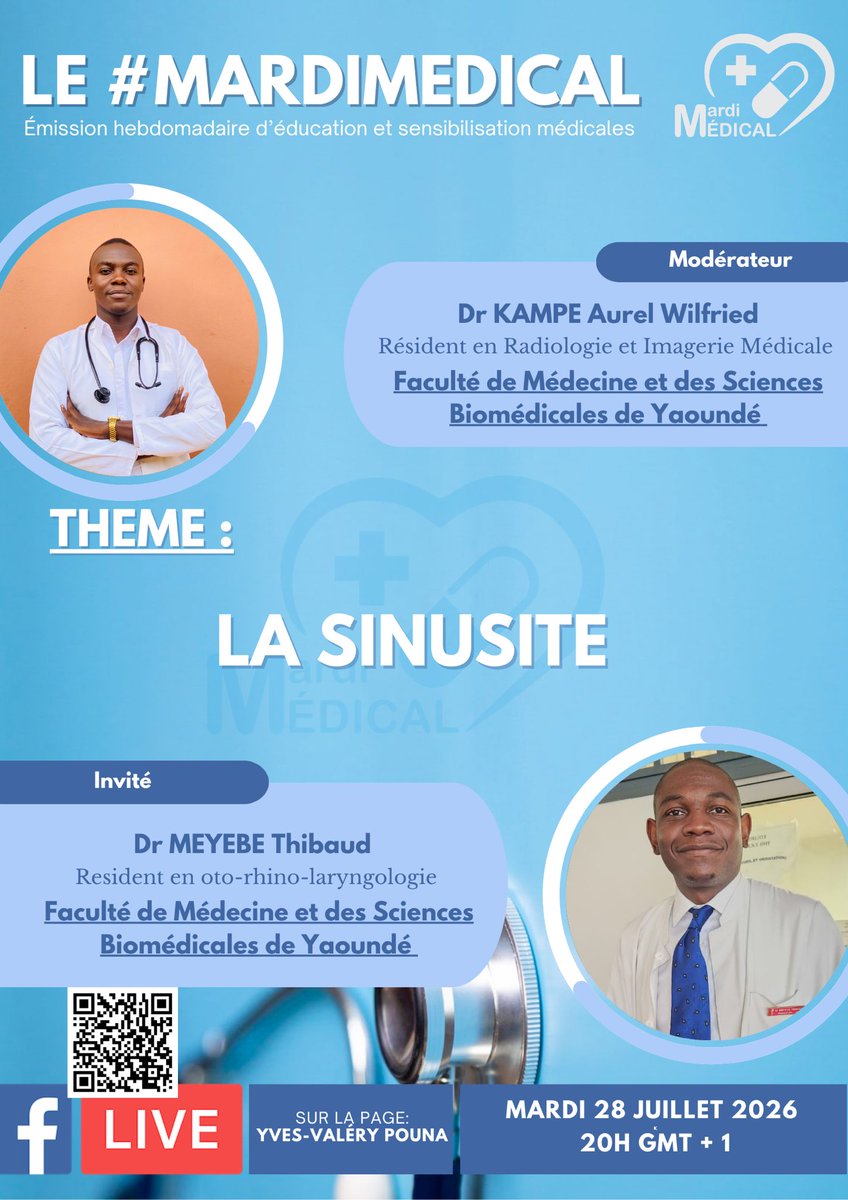 YvesValry1's tweet photo. Demain, dans le cadre du #mardimedical, nous parlerons de LA SINUSITE 👃, en compagnie du Dr MEYEBE 👨🏾‍⚕️, résident en ORL à la FMSB 🇨🇲.

Lien: https://t.co/SLSD25gphE…

#mardimedical #medecine #sante #orl #radiologie #foryou #pourtoi @TheCameroonianZ @Sinuwave @SFRadiologie https://t.co/gkOlg2J4it