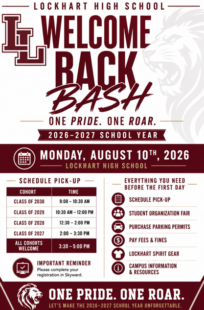 LockhartISD's tweet photo. 🎉🦁 LHS Lions, it's almost time! Join us at the Welcome Back Bash to kick off the new school year. We can't wait to see you and get you ready for an amazing year ahead! For more back-to-school information, visit https://t.co/DW2PMp3PVn. #FirstDayLISD #LockedInForLockhart https://t.co/7AZwJWGmpM