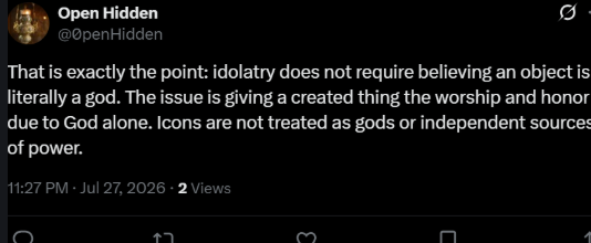 epke82's tweet photo. @0penHidden @IndianaBrunner @MissNyox Dude you're all over the place, a few moments ago you said the intention is irrelevant. The KEY condition for idolatry you said is "giving a created thing the worship and honor due to God alone." https://t.co/Y7PDz9kktX