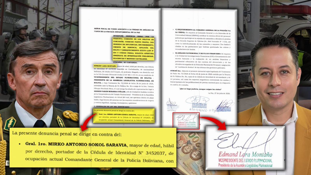 reddtvoficial's tweet photo. Lara presenta denuncia contra Gral. Sokol, deberá explicar y dar nombres recaudación $us. 2 millones de policías para ministro Gobierno

El vicepresidente del Estado, #EdmandLara, presentó este lunes una denuncia penal contra el comandante general de la Policía Boliviana, Gral. #MirkoAntonioSokolSaravia, luego de la difusión de un audio en el que denuncia que un grupo de oficiales habría recaudado $us 2 millones para influir en la designación del próximo comandante general y que un general puede obtener entre $us 4 y $us 5 millones por los cambios de destino dentro de la institución.

Lara sostiene que las propias declaraciones de Sokol revelan la presunta comisión de delitos de corrupción y que, al reconocer públicamente esos hechos sin identificar a los responsables ni presentar una denuncia inmediata ante el Ministerio Público, habría incurrido en los delitos de CONCUSIÓN, COHECHO PASIVO PROPIO, USO INDEBIDO DE INFLUENCIAS, ENCUBRIMIENTO, OMISIÓN DE DENUNCIA, APOLOGÍA DEL DELITO Y ENRIQUECIMIENTO ILÍCITO. CONCUSIÓN, COHECHO PASIVO PROPIO, USO INDEBIDO DE INFLUENCIAS, ENCUBRIMIENTO, OMISIÓN DE DENUNCIA, APOLOGÍA DEL DELITO Y ENRIQUECIMIENTO ILÍCITO.

DENUNCIA ANTE FISCALÍA 

En el memorial presentado ante la Fiscalía Departamental de La Paz, el Vicepresidente solicita la apertura inmediata de una investigación preliminar y que el comandante general sea convocado a declarar para identificar a los seis u ocho oficiales —a quienes en el audio denomina "bodies"—, al coronel que presuntamente recibió el dinero y a las autoridades a quienes iba dirigido.

En el audio, difundido por DTV, Sokol afirma que entre seis y ocho oficiales con grado de mayor habrían reunido aproximadamente $us 2 millones y entregado ese dinero a un coronel de una promoción inferior para que "vaya a buscar, a tocar puertas y ver con quién puede hablar y entregar ese dinero", con el propósito de hacerse cargo del Comando General de la Policía.

UN GENERAL PUEDE RECAUDAR HASTA $ 4 Y 5 MILLONES EN UNA GESTIÓN 

Asimismo, sostiene que un general puede recaudar entre $us 4 y $us 5 millones en una sola gestión mediante los cambios de destino del personal policial, extremo que, según la denuncia, evidencia un presunto sistema de recaudación ilegal dentro de la institución.

Lara argumenta que, si el comandante general tenía conocimiento de estos hechos, estaba obligado por ley a denunciarlos inmediatamente ante el Ministerio Público y no únicamente hacer declaraciones públicas. Añade que sus afirmaciones implican el conocimiento de posibles hechos de corrupción y de personas involucradas, cuya identidad no fue revelada.

LARA EXIGE QUE IDENTIFIQUE A LOS OFICIALES MENCIONADOS 

En ese sentido, solicita que la Fiscalía convoque a declarar a Sokol para que identifique a los seis u ocho oficiales mencionados en los audios, al coronel que presuntamente recibió el dinero, a las autoridades a quienes iba dirigido y a cualquier otra persona involucrada en los hechos denunciados.
