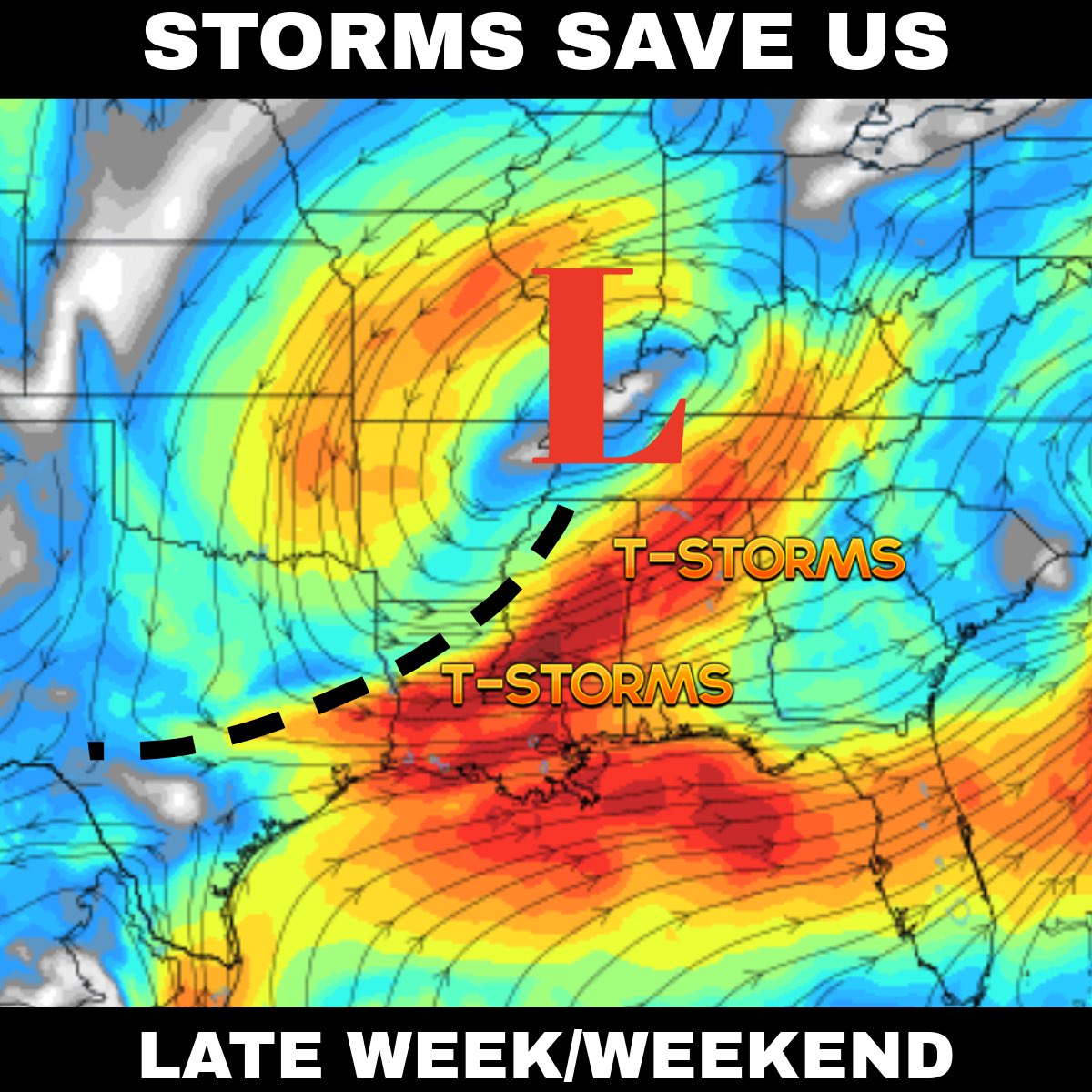 ZackFradellaWx's tweet photo. A STORMY PATTERN returns late this week and weekend saving us from this building heat wave. Expect a flip to happen around Thursday where we see the heat fade a bit and we start noticing better storm chances. That flip day can come with a nasty round of storms. #lawx https://t.co/GBLQ7izVJ6