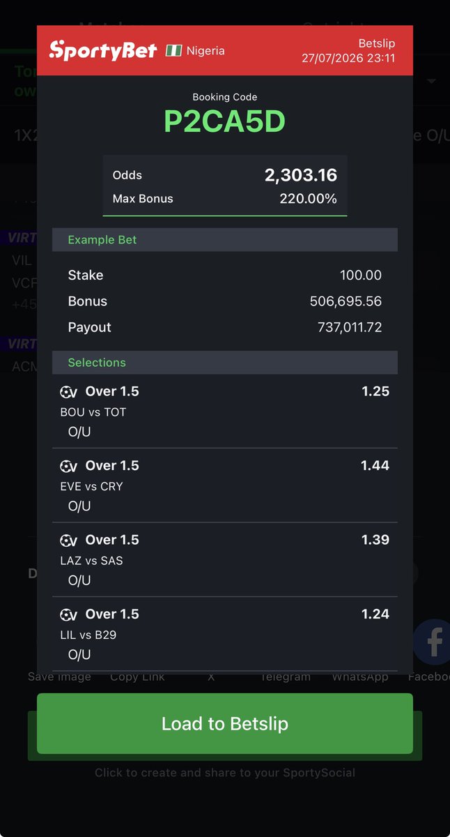 billionaire_eze's tweet photo. 2.3k odds over 1.5 v football midnight ✅ https://t.co/F1TYGGhwib