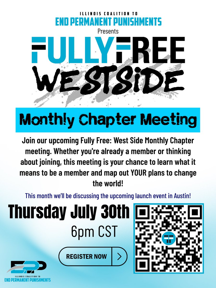 ENDPPIL's tweet photo. This Thursday July 30th will be our FF: Westside July Chapter meeting!📢 Let’s come together to #BuildPower and make the changes we’ve always wanted to see in our communities! This month, we’ll be meeting virtually to discuss upcoming events in Austin. If you’re new, please come open minded and ready to center directly impacted voices.
📍Zoom link: https://t.co/rJb6psaGij
One day at a time we’re doing the work to #EndPermanentPunishments at https://t.co/EXcRjBLS4b🔥
#FullyFree #FFWestside #ENDPP #ChapterMeeting