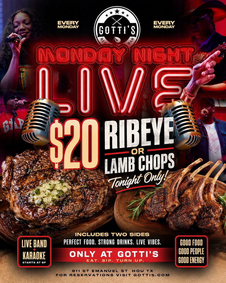 GottisHtx's tweet photo. Pull up to Gotti's Monday Night Live for an unforgettable night of live music, open mic, karaoke, incredible food, and unmatched energy. Whether you're grabbing the mic, performing with the live band, or cheering on local talent, Monday nights at Gotti's are where Houston comes to connect.

🥩 Tonight Only:
🔥 $20 Ribeye or Lamb Chops (includes TWO sides)

🎙️ Live Band • Open Mic • Karaoke
⏰ Starts at 9 PM

Bring your crew, order your favorite meal, sip on signature cocktails, and enjoy a night filled with music, laughs, and good vibes. As the only Black-owned restaurant in EaDo, we're proud to create a space where the community comes together every Monday.

Think you've got what it takes to own the mic? Or just ready for a fun night out? Either way, we've got your Monday covered.

📍 811 St. Emanuel St., Houston, TX
🎤 Doors open. The stage is waiting. See you tonight!

#GottisHTX #MondayNightLive #HoustonNightlife #EaDoEats #OpenMicHouston