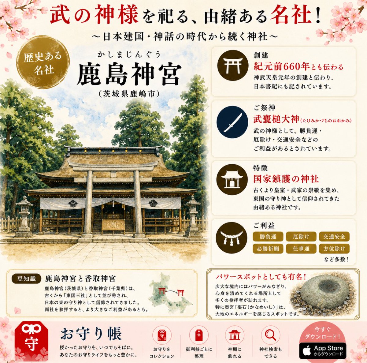Omamoricho's tweet photo. 日本最古級の神社⛩️

茨城県に鎮座する 鹿島神宮。

ご祭神は武の神様 武甕槌大神（たけみかづちのおおかみ）。

勝���運・必勝祈願・厄除け・交通安全など、
多くのご利益で親しまれています⛩️

境内には日本の地震を鎮めると伝わる「要石（かなめいし）」も。

#神社 #神社巡り #鹿島神宮 #茨城県 https://t.co/U559H7IzSt