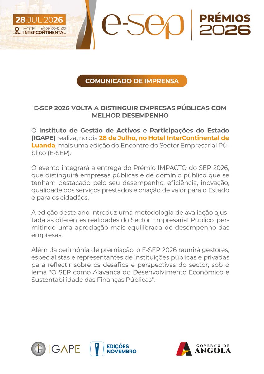 IGAPE_Angola's tweet photo. #ESEP2026 #OValorDeTransformar #IGAPE #SEP #EmpresasPublicas #GovernacaoCorporativa #Desempenho #Lideranca #Angola https://t.co/ezolAeA6W0