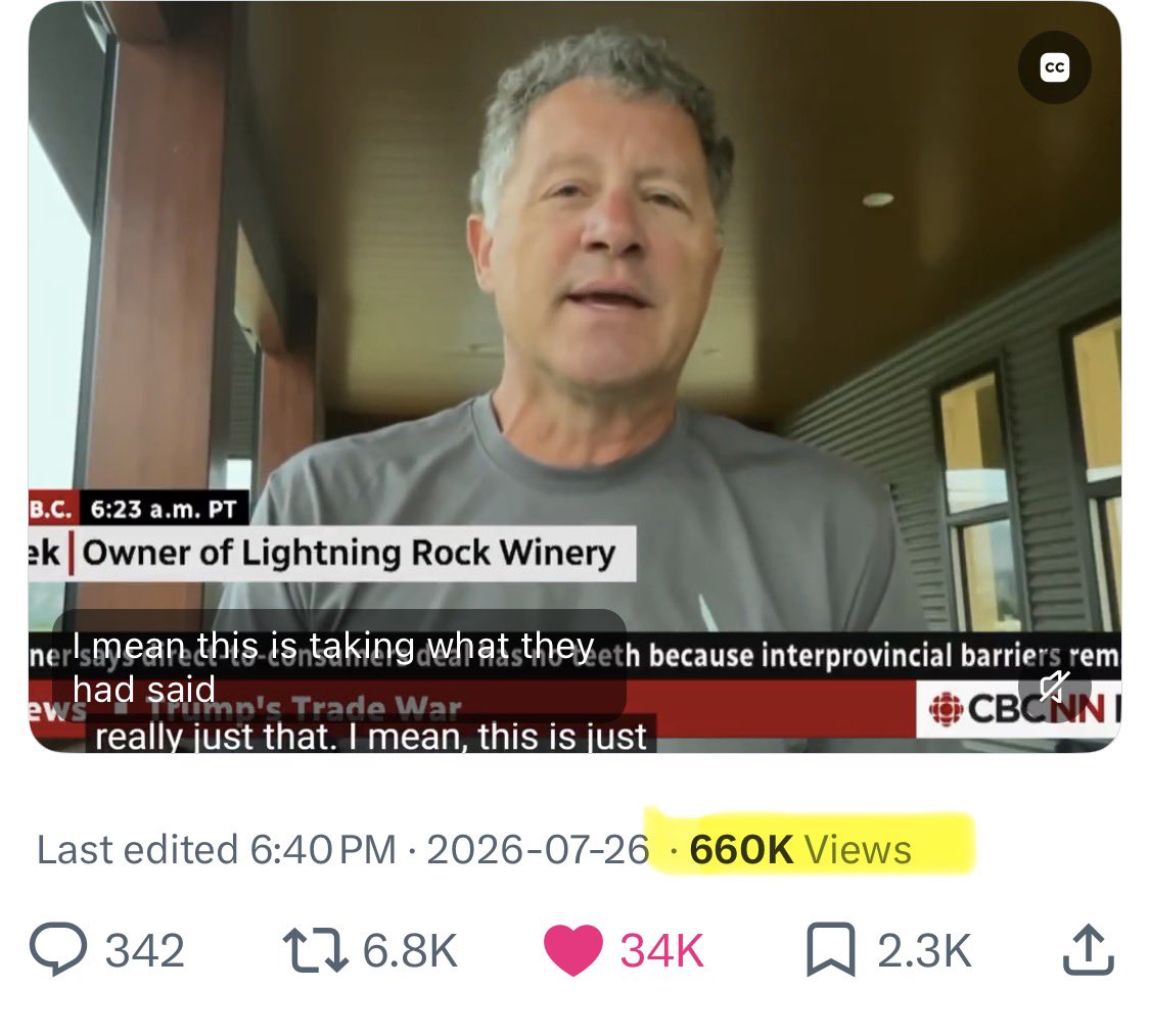 MarcNixon24's tweet photo. The moment CBC ENDED Mark Carney’s political career 

They invited a Canadian winery owner to trash Trump

Instead he demolished the Liberals resulting in one of the most liked videos of 2026

34,000 ❤️ https://t.co/Uye7VKP8ph