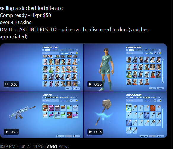 artzfnr's tweet photo. artz on X: "selling a stacked fortnite acc Comp ready - 4kpr $50 over 410 skins DM IF U ARE INTERESTED - price can be discussed in dms (vouches appreciated) https://t.co/GuV9genNgR" / X

still selling acc dm me https://t.co/GGQTlP7soO