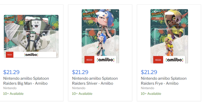 AmiiboNews's tweet photo. BACK UP. All 3 Splatoon Raiders amiibo are in stock now via VGP. Sold out at all US retailers. (#ad)  

https://t.co/rmcEy9bCLJ 

Free shipping, too when you buy all three. I actually saved over $10 off US MSRP. https://t.co/Ql7J8AxThu