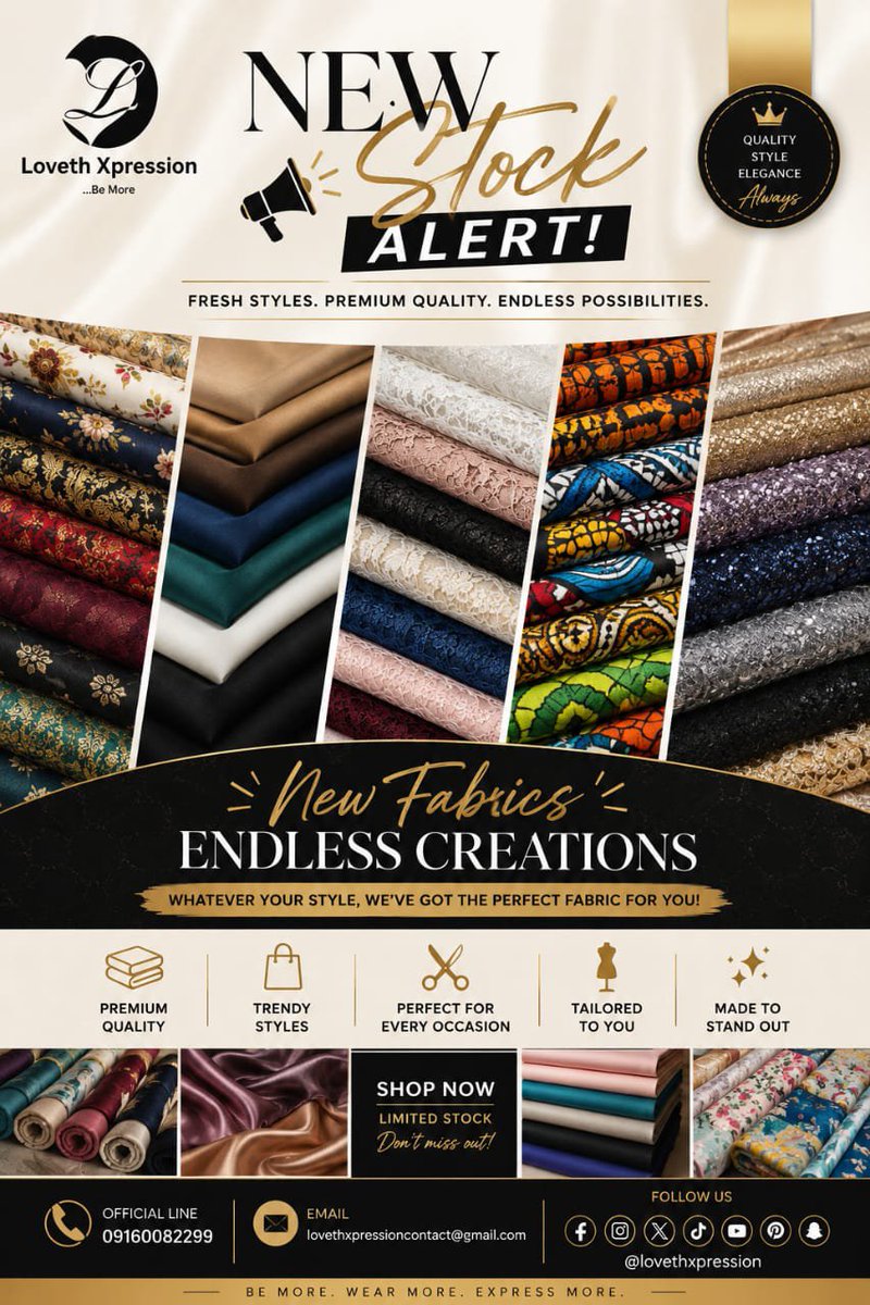 LovethXpression's tweet photo. New stock. New possibilities. Elevate your style with premium fabrics crafted for every masterpiece.

 Shop your favorites before they're gone! ✨

Contact us: 09160082299
Email: lovethxpressioncontact@gmail.com

#NewStockAlert  #LuxuryFabrics #drlovethworld @LovethIyonawan https://t.co/6wEPWiiWDz